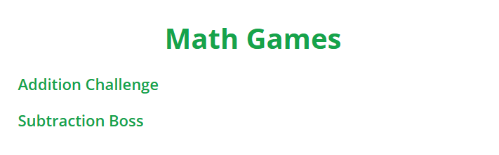 Early Math Games page showing a white card with green Math Games title and links for Addition Challenge and Subtraction Boss.
